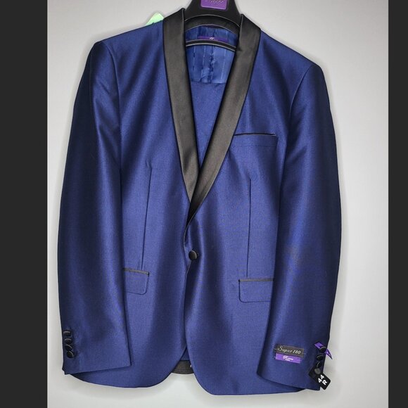 Navy Blue Satin Suit with Black Lapels (3 piece suit)